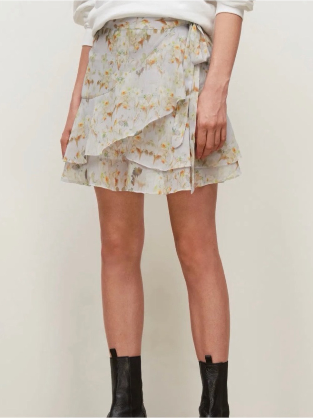 AllSaints Pale Blue Floral Wrap Tiered Mini Skirt